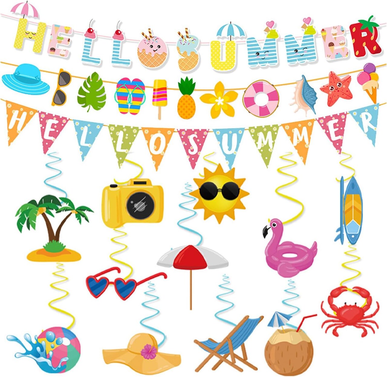 60PCS Summer Party Hanging Swirls Decorations – Tropical Beach Pool Birthday Party Streamers with Hello Summer Banner for Indoor & Outdoor Use